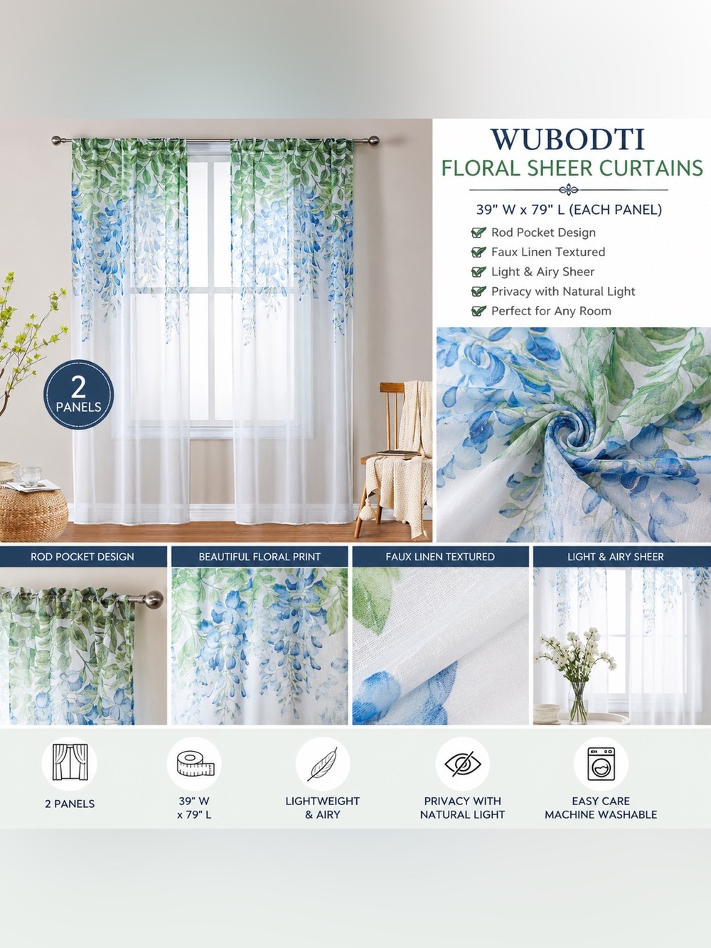 WUBODTI Floral Sheer Curtain Panels 2-Pack 39” x 79” – Pink or Blue – Rod Pocket